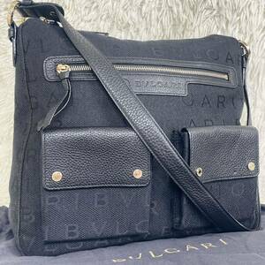 1円【定価14万極美品】BVLGARI ブルガリ ロゴマニア マキシレッタレ ショルダーバッグ メッセンジャーキャンバス レザー ブラック 黒　