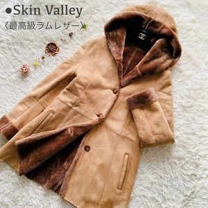 極美品 最高級ベビーラム使用 Skin Valley 仔羊革 ベビーラム リアルレザー フード フーデット ミドル ボア ムートンコート スキンバレー