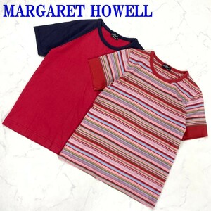 マーガレットハウエル ２枚セット 半袖TシャツレッドMARGARET HOWELL カジュアル 同サイズ同品質 ボーダーネイビーⅡ C774