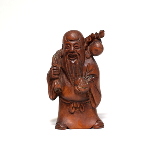 根付 寿老人 柘植 木彫品 木製 彫刻品 黄楊 0707-14-16