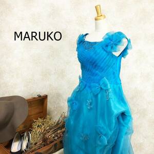 マルコ MARUKO ドレス 水色 胸パッド M オーガンジー ビーズ コサージュ 青 オフショルダー シャーリング 発表会 ロング丈 B-487