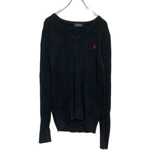 POLO RALPHLAUREN コットン ケーブル編み ニット セーター レディース XL ブラック Ｖネック 古着卸 アメリカ仕入 a611-6684