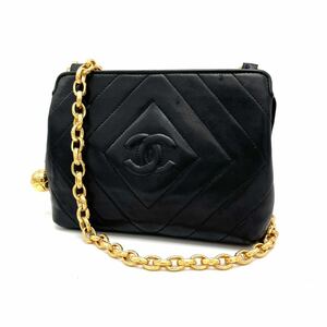 1円 美品 CHANEL シャネル ダイヤ ステッチ ココマーク ボール チャーム ラムスキン ビジュー チェーン ショルダー バッグ dK0840N