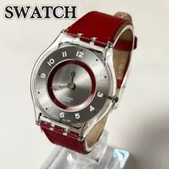 SWATCH スケルトン 文字盤 シルバー 腕時計 レザーベルト レッド