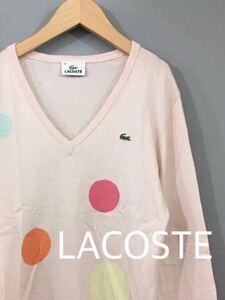 ラコステ LACOSTE ニット セーター Ｖネック 長袖 ピンク ドット 水玉 ロゴ 刺繍 緑ワニ レディース 38サイズ ～◇