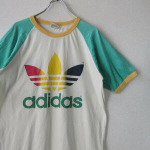 ○希少 70s 80sヴィンテージ adidas アディダス◆リンガーTEE Tシャツ 両面プリント ヴィンテージ◆メンズ マルチ Lサイズ