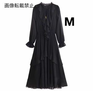 vintage ヴィンテージ レトロ フリル ロング ワンピース Mサイズ レディース★ZARA 好きな方に★2024 A/W 秋冬新作 新品未使用★