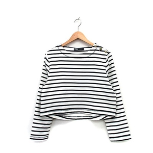 ザラ ZARA カットソー Tシャツ 長袖 へそ出し イカリボタン ボーダー M ブラック 黒 /KT28 レディース