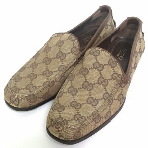 美品 GUCCI グッチ GGキャンバス スリッポン フラットシューズ ドライビングシューズ 34 1/2 21.5cm相当 ブラウン系