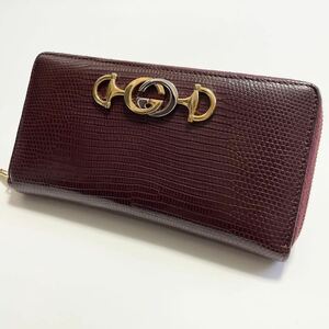 ★GUCCI グッチ ズゥミ リザード型押し ラウンドファスナー 長財布 レザー ボルドー【鑑定済み 本物保証】