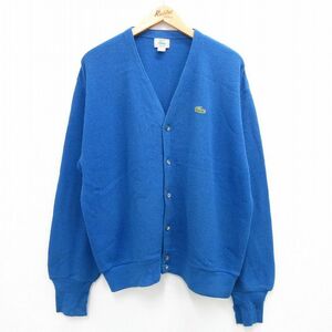 XL/古着 ラコステ LACOSTE IZOD 長袖 ブランド ニット カーディガン メンズ 90s ワンポイントロゴ アクリル 青 ブルー spe 23sep22 中 2OF