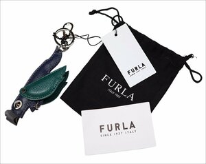 バッグに付ければ、絶好のアクセント！【 FURLA / フルラ (伊 】お茶目なアニマルモチーフ レザーチャーム 紺緑 / メンズキーホルダー