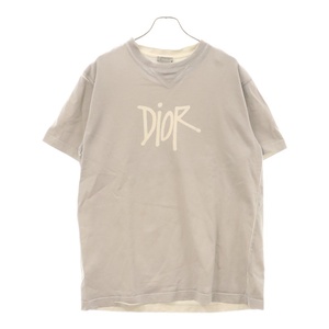 DIOR ディオール 20AW ×SHAWN ショーン ステューシー ロゴプリント クルーネック コットン 半袖Tシャツ カットソー グレー 033J625E0554