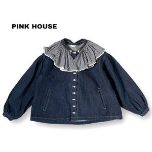 PINK HOUSE 2way つけ襟 付け襟 フリル デニム 長袖 ブラウス シャツ ピンクハウス インディゴ ギンガムチェック ボタン 