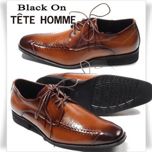 新品1円～★定価1.6万 Black On TETE HOMME テットオム アクションレザー ビジネスシューズ 26.5cm ブラウン 茶 レースアップ ◆5012◆