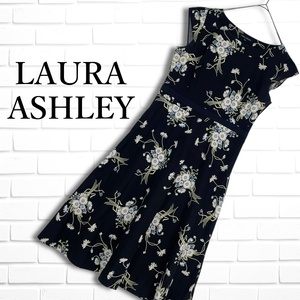 ◆良品◆ LAURA ASHLEY ローラアシュレイ 花柄 フラワー 総柄 フレンチスリーブ ロング ワンピース 黒 ブラック レディース 13 XL　4184L