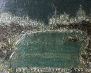 アンドレ・コタボ 「パリの洪水」 1980年制作 油彩画 大型額装品 / Andore COTAVOZ パリ風景 パリ浸水