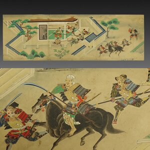 【古画】喜聞◆『源平合戦絵巻物断簡(武蔵坊弁慶)メクリ』1枚 古筆古文書古書 日本画 武者絵 弁慶 義経記 源義経 茶道 国文学資料 江戸前期