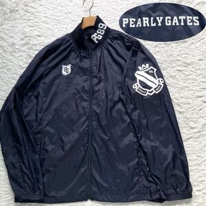 【美品 XL】PEARLY GATES ナイロンジャケット 背面ロゴ モックネック エンブレム ストレッチ 軽量 パーリーゲイツ ゴルフ ネイビー 6