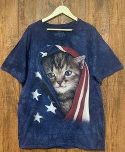 N319/the mountain ネコ 猫 ねこ Tシャツ 半袖 タイダイ 紺 ネイビー 染め かわいい アメリカン ロック レトロ used vintage 古着/club723