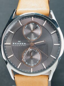 美品 SKAGEN スカーゲン SKW6086 アナログ クォーツ 腕時計 カレンダー グレー文字盤 ローズゴールド レザーベルト ステンレス 動作確認済