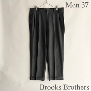 【美品】Brooks Brothers 日本製 ブルックスブラザーズ ウールサキソニー 2プリーツ ワイド スラックスパンツ チャコールグレー size 37 sk