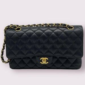 【yf00004】CHANEL シャネル マトラッセ 黒 キャビアスキン ココマーク Wフラップ チェーンショルダー ゴールド金具 ショルダーバッグ