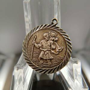 ヴィンテージ シルバー ペンダント コイン チャーム 彫金 男性 子供 St Christopher ③ T4