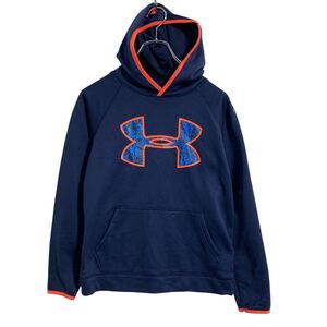 UNDER ARMOUR ロゴスウェット パーカー キッズ 140 程 ネイビー オレンジ アンダーアーマー プルオーバー 古着卸 アメリカ仕入 a611-6488