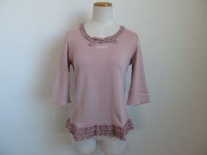 (58752)ピンクハウス　PINK HOUSE　レディース　半端袖　コットン100％　カットソー　チェックフリル　リボン　ピンク　M　USED