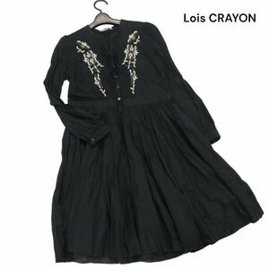 Lois CRAYON ロイスクレヨン 通年 刺繍♪ フリル&タック プリーツ 長袖 ワンピース Sz.M　レディース 黒　K4T00201_2#F