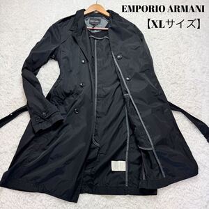 希少！XL 最高級 黒タグ エンポリオアルマーニ EMPORIO ARMANI トレンチコート ロング丈 ベルト パイピング ナイロン ダブルブレスト 春 