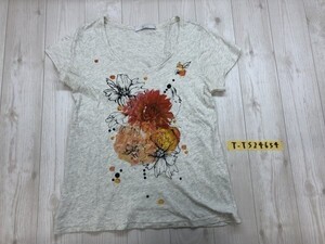 SHUCA レディース 花プリント Uネック 半袖Tシャツ M 杢グレー