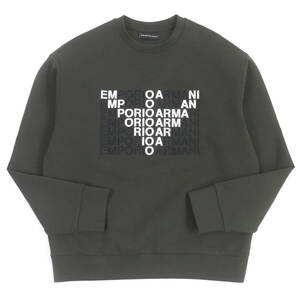 美品□EMPORIO ARMANI エンポリオ アルマーニ 2020年製 コットン 黒タグ ロゴエンブロイダリー トレーナー スウェット カーキ S 正規品