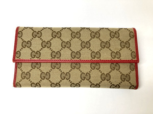 【★即決★】≪状態良好≫ GUCCI グッチ GGキャンバス Wホック 長財布 キャンバス レザー ベージュ レッド 231841・2019