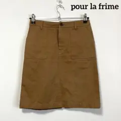 【pour la frime】Aライン 膝丈スカート 茶色 無地 スリット入