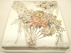 平和屋着物●六通太鼓柄袋帯　相良刺繍　扇面草花文　金彩　正絹　逸品　CAAJ0536eg