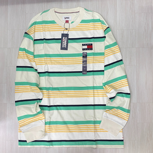 TOMMY HILFIGER USA正規品【2XL】 TommyJeans トミージーンズ TJ オーバーサイズ 90s ストライプ 長袖Tシャツ バッジロゴ (R4F-20) 綿100％