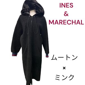 極美品　イネスエマーシャル　ミンクフード　リアルムートン　ロング コート INES&MARECH　M　4I500AL