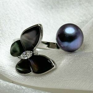 綺麗！黒真珠！天然パールリング　7mm 母貝殻製　本真珠リングリング　天然貝殻 蝶々