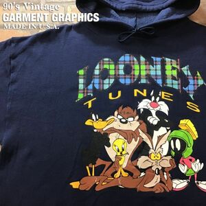 ★90’s vintage★USA製★【GARMENT GRAPHICS】ルーニーテューンズ 勢揃い 裏起毛 スウェットシャツ パーカー[L]紺 トゥイーティー K2-854