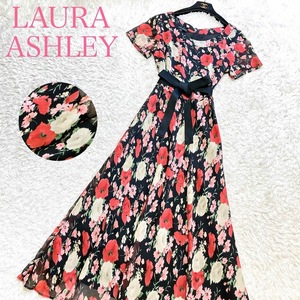 美品 LAURA ASHLEY ローラアシュレイワンピース マキシ丈 花柄 総柄 Aライン フレア リボン フレンチスリーブ 9号 M