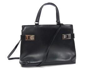 1円 Salvatore Ferragamo フェラガモ AB-21 9350 ガンチーニ レザー 2WAY ハンドバッグ ショルダー 斜め掛け ブラック系 BJ6243