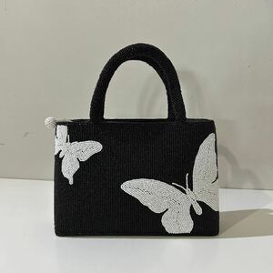 希少デザイン 蝶々柄 ビーズバッグ ハンドバッグ 黒 白 和装 鞄 和柄