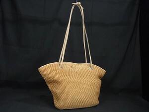 1円 BOTTEGA VENETA ボッテガヴェネタ ストロー×レザー トートバッグ ショルダー 肩掛け レディース ブラウン系 FK0794