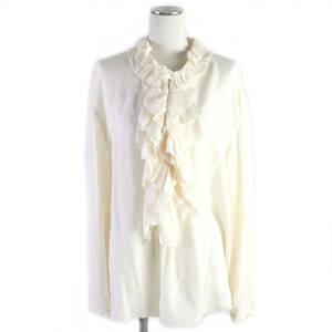 未使用品▼HERMES エルメス CHEMISE A PLASTRON シルク100% BLANC フリルデザイン 長袖 ブラウス 42 フランス製 正規品 レディース