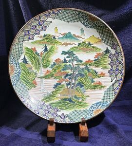 青九谷　風景画　花々　３９cm 大皿　智