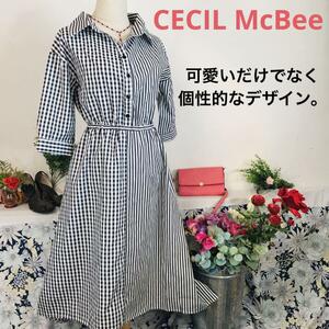 CECIL McBee 七分袖ワンピース　ロング　Ｍ　白黒チェック　シャツワンピ