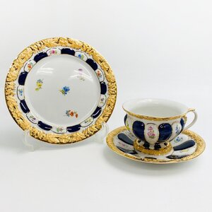 1円～ Meissen マイセン Xフォーム コバルト グランツゴールド 金彩 宮廷の小花 カップ＆ソーサー/プレート 計3点 05-3156258