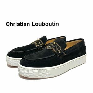 ☆未使用 クリスチャンルブタン Christian Louboutin ロゴ スエードレザー スリッポン ローファー シューズ 黒 イタリア製 スニーカー 